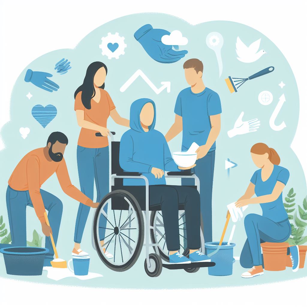 Four people supporting someone in a wheelchair